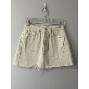 FREE PEOPLE Denim Mini Skirt Size 27 Cream NEW Button Front Raw Hem Distressed